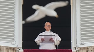 Una gaviota sobrevuela mientras el Papa León XIV recita la oración del mediodía del Regina Coeli desde la Plaza de San Pedro, en el Vaticano, el 10 de mayo de 2026.