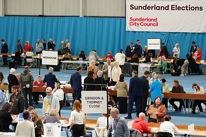 Votes are counted for the 2026 local elections at the Silksworth Sports Complex in Sunderland, 8 May, 2026