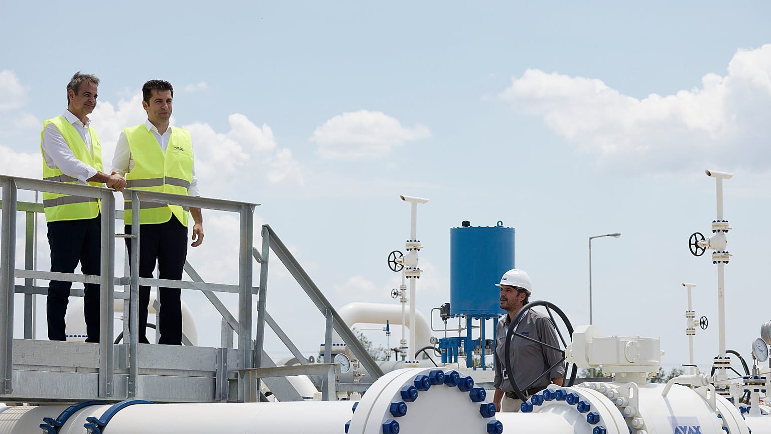 Greek Prime Minister Kyriakos Mitsotakis and his Bulgarian counterpart Kiril Petkov, take part in the the inauguration of a gas pipeline in Komotini, Greece, 8 July 2022.
