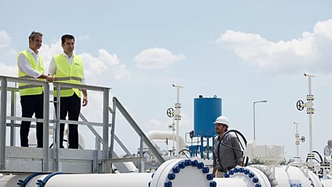 Greek Prime Minister Kyriakos Mitsotakis and his Bulgarian counterpart Kiril Petkov, take part in the the inauguration of a gas pipeline in Komotini, Greece, 8 July 2022.