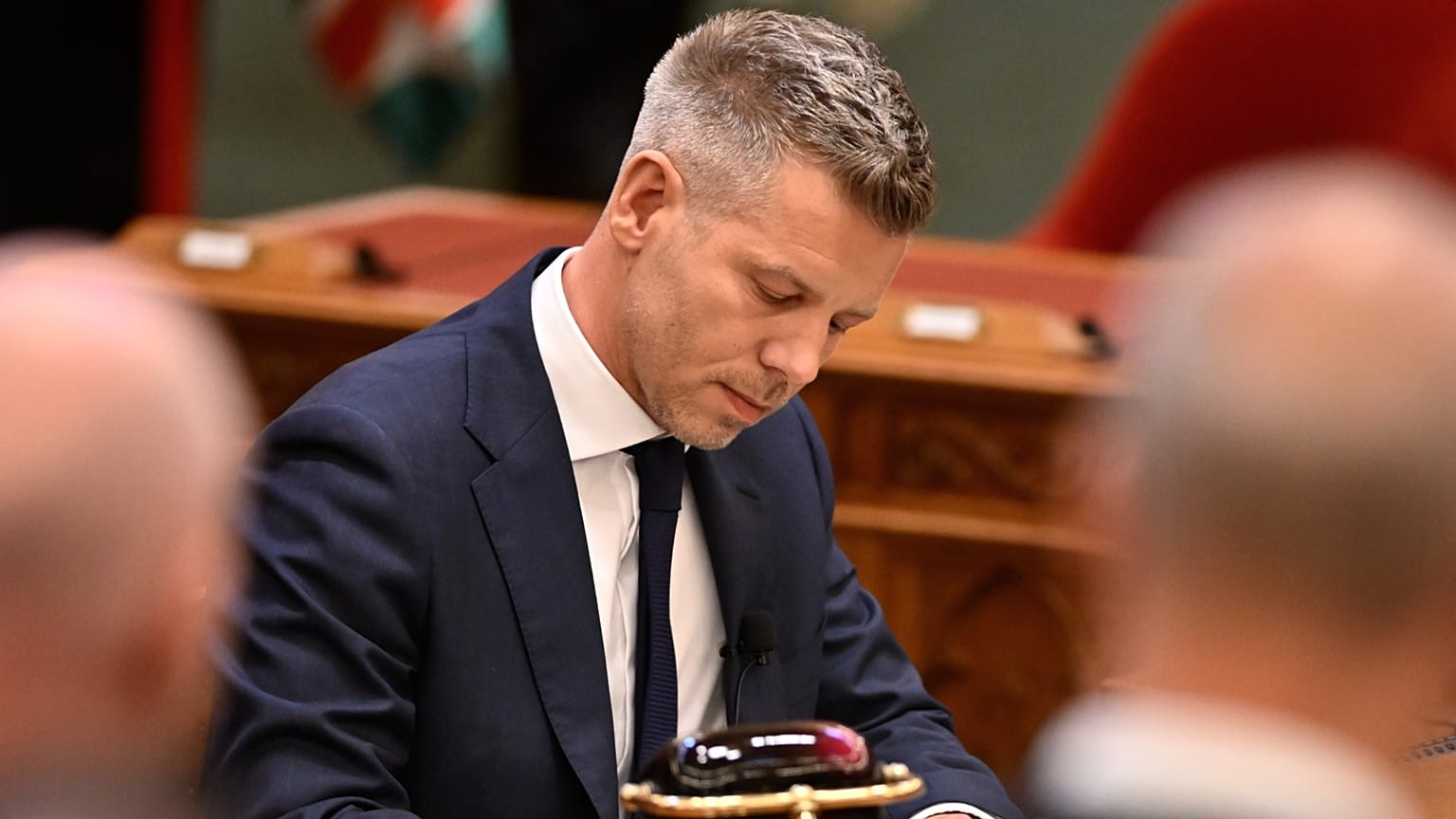 Peter Magyar takes the oath as Hungary's prime minister during a ceremony in Budapest, Hungary, Saturday, May 9, 2026. (AP Photo/Denes Erdos)