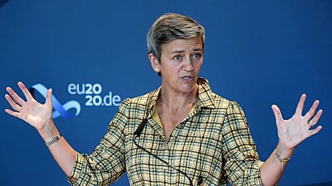 FILE - The Executive Vice-President of the European Commission, Margrethe Vestager, addresses the media 