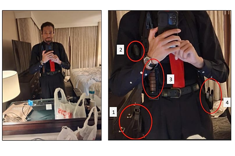 This image contained in a court filing by the Department of Justice shows Cole Tomas Allen inside his hotel room in Washington, 25 April, 2026 