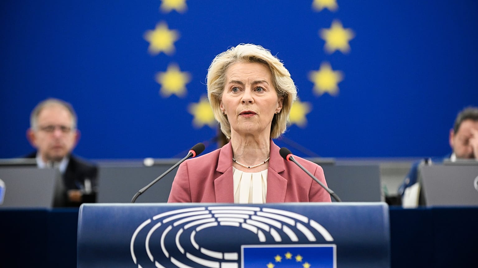 European Commission President Ursula von der Leyen speaks during a joint debate on the European Council and the situation in the Middle East, at the European Parliament.