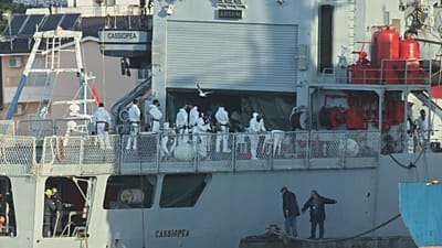An Italian navy ship docks, as Italy sends 49 more migrants to Albania for processing following earlier court rejections, in the port of Shengjin, northwestern Albania, Tuesda