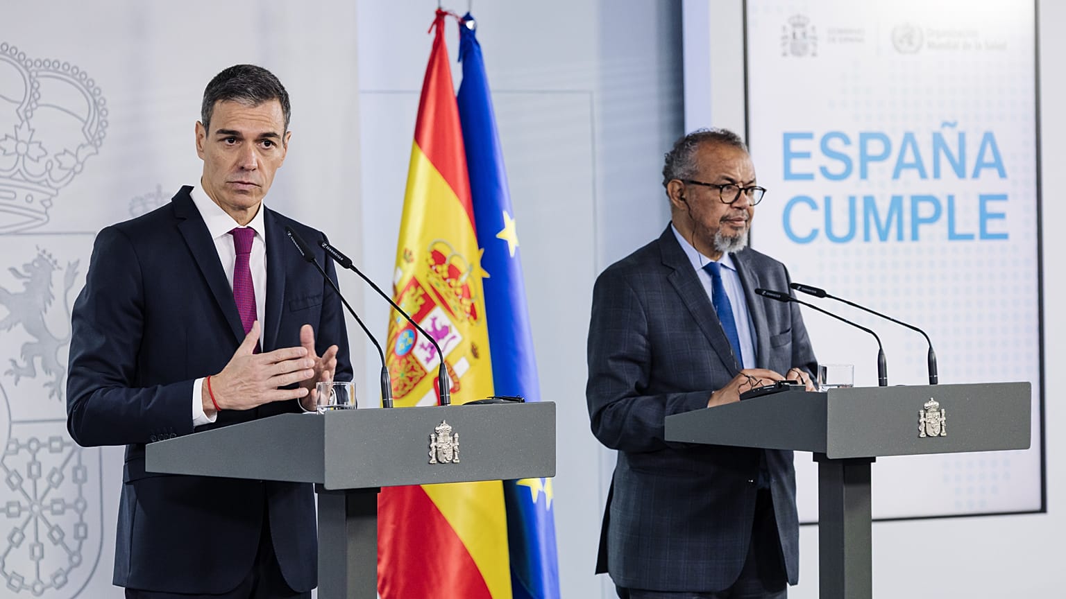Ghebreyesus attend a press conference at the Moncloa Palace in Madrid, Tuesday, May 12, 2026. 