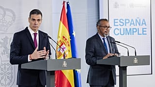 Ghebreyesus attend a press conference at the Moncloa Palace in Madrid, Tuesday, May 12, 2026. 