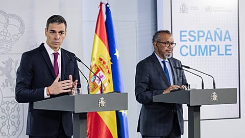 Ghebreyesus attend a press conference at the Moncloa Palace in Madrid, Tuesday, May 12, 2026. 