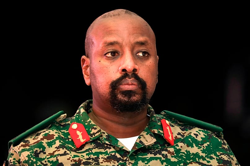 FILE - Lt. Gen. Muhoozi Kainerugaba, son of Uganda's President Yoweri Museveni, attends a "thanksgiving" ceremony in Entebbe, Uganda late Saturday, May 7, 2022. 