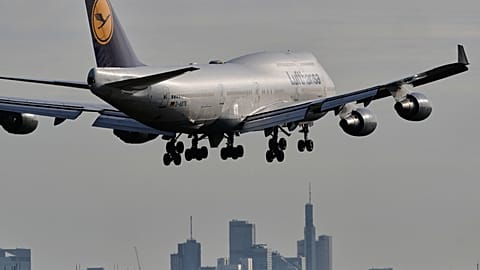 A Lufthansa aircraft is on final approach to Frankfurt Airport in Germany, Tuesday 28 April 2026.