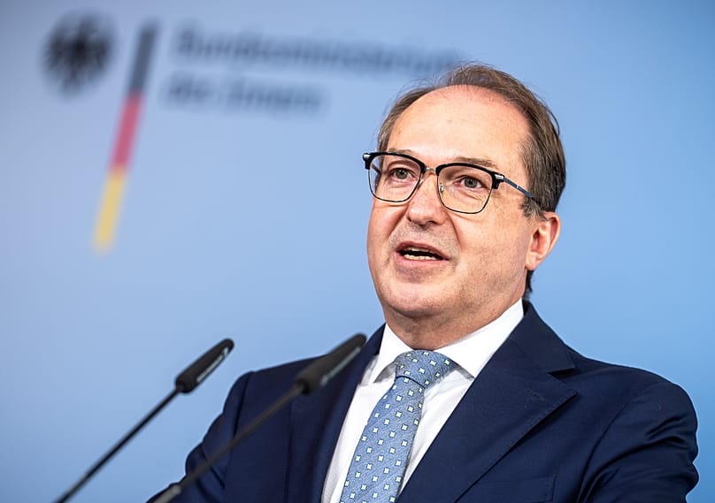 German Interior Minister Alexander Dobrindt speaks during a press statement on his assessment after his first year as Interior Minister in Berlin, 5 May, 2026