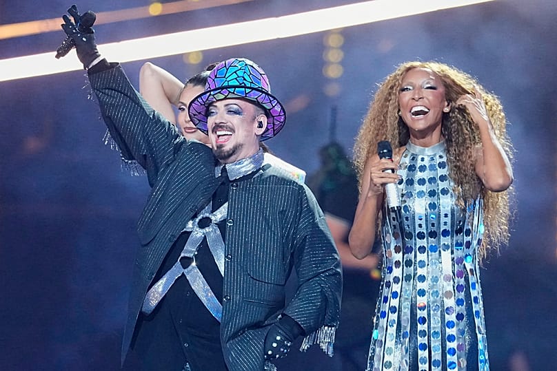Boy George and Senhit of San Marino during the first semifinal of the 70th Eurovision Song Contest in Vienna, Austria, Tuesday, May 12, 2026.