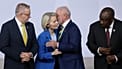 European Commission President Ursula von der Leyen flanked by leaders, including Australia's Prime Minister Anthony Albanese, in Johannesburg, South Africa, 22 November, 2025.