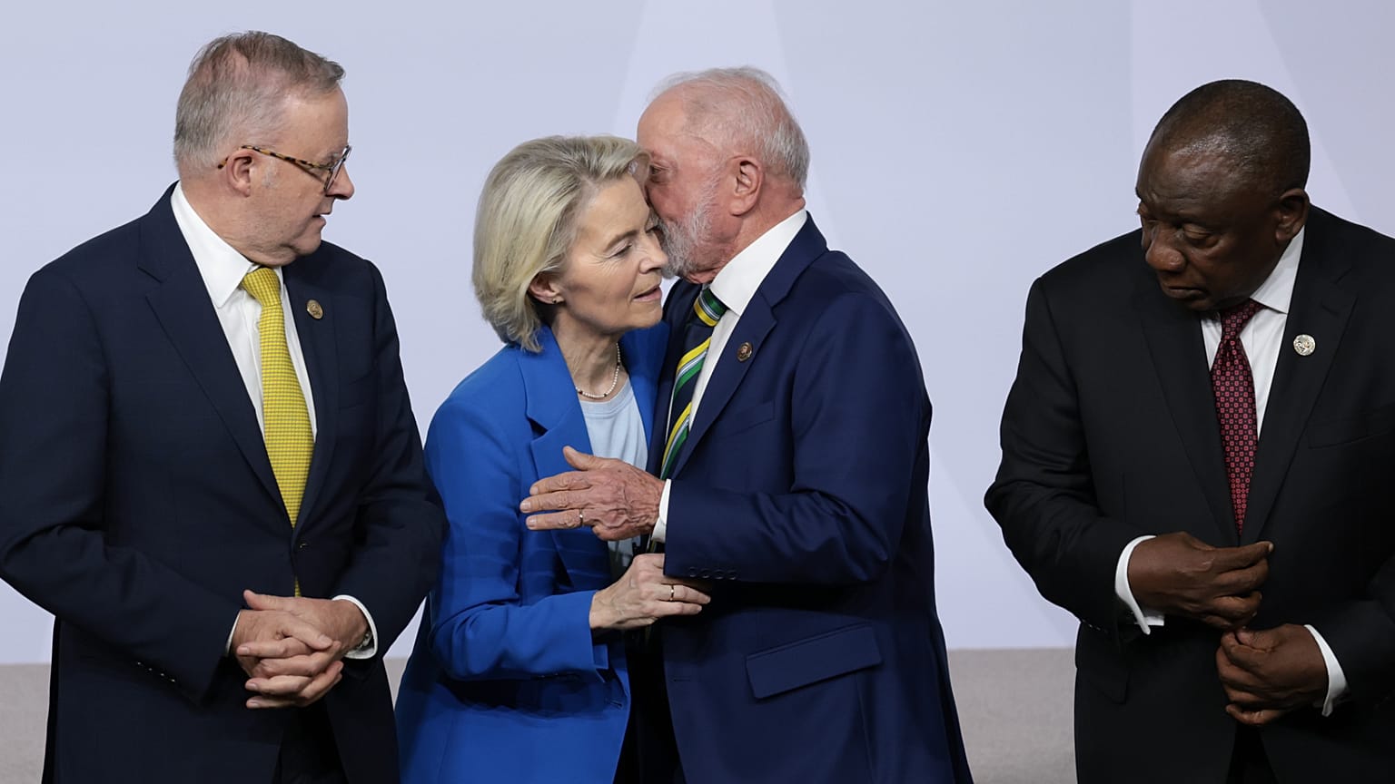 European Commission President Ursula von der Leyen flanked by leaders, including Australia's Prime Minister Anthony Albanese, in Johannesburg, South Africa, 22 November, 2025.