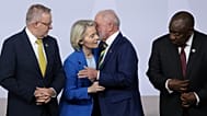 European Commission President Ursula von der Leyen flanked by leaders, including Australia's Prime Minister Anthony Albanese, in Johannesburg, South Africa, 22 November, 2025.