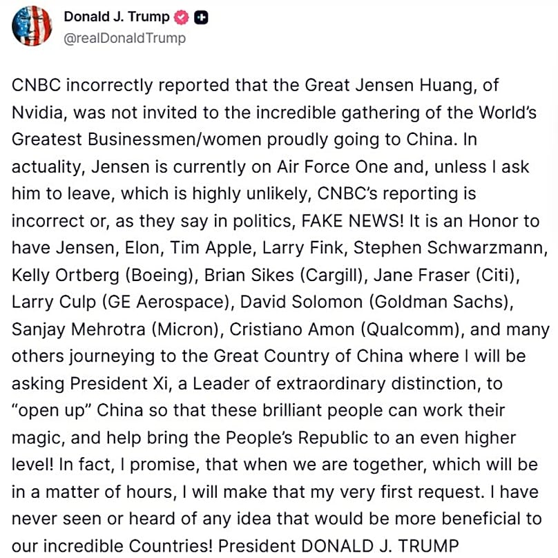 A screenshot of a post on US President Donald Trump's Truth Social account, 13 May, 2026