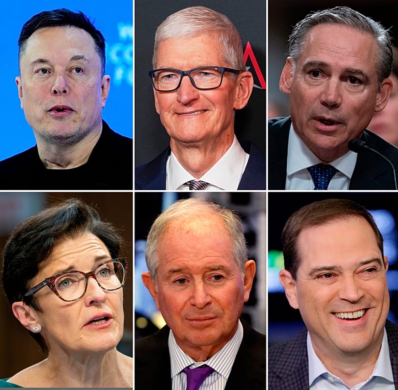 Photo combo showing Elon Musk, Tim Cook, Kelly Ortberg, Jane Fraser, Stephen Schwarzman and Chuck Robbins. Some of the corporate leaders joining Trump on his trip to China.
