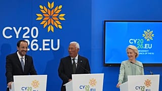 Cypriot President Nikos Christodoulides, left, European Council President Antonio Costa, center, and European Commission President Ursula von der Leyen laugh during a press co