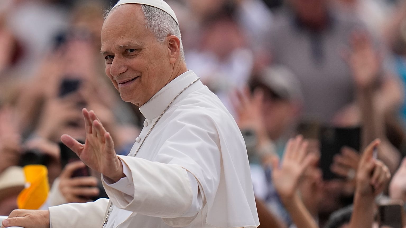 Pope Leo XIV arrives for his weekly general audience in St. Peter's Square, at the Vatican, Wednesday, May 13, 2026. (AP Photo/Alessandra Tarantino)