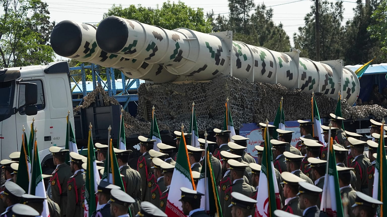 FILE: A missile system is carried during Iranian Army Day parade in front of the mausoleum of the late Ayatollah Ruhollah Khomeini just outside Tehran, 18 April 2023