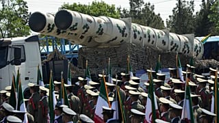 FILE: A missile system is carried during Iranian Army Day parade in front of the mausoleum of the late Ayatollah Ruhollah Khomeini just outside Tehran, 18 April 2023