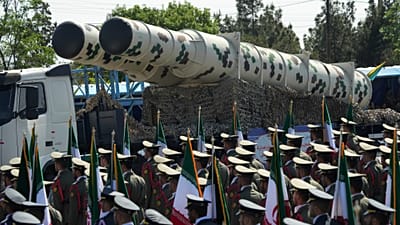FILE: A missile system is carried during Iranian Army Day parade in front of the mausoleum of the late Ayatollah Ruhollah Khomeini just outside Tehran, 18 April 2023