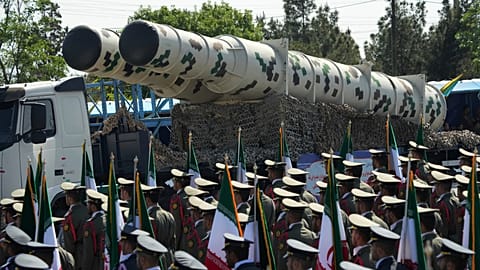 FILE: A missile system is carried during Iranian Army Day parade in front of the mausoleum of the late Ayatollah Ruhollah Khomeini just outside Tehran, 18 April 2023