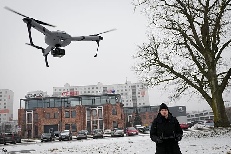 An employee of the drone manufacturer Atlas Aerospace Dmitry Belus tests a drone in the capital Riga, Latvia, 1 February, 2023. 