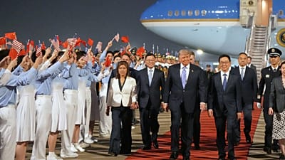 FILE - President Donald Trump walks with China's Vice President Han Zheng during a welcome ceremony Wednesday, May 13, 2026, at Beijing Capital International Airport