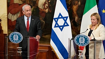 Italian Premier Giorgia Meloni, right, and Israeli Prime Minister Benjamin Netanyahu attend a joint press conference at Chigi Palace government offices in Rome, 10 March 2026