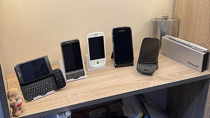 Pasquale's prized shelf of vintage phones. 