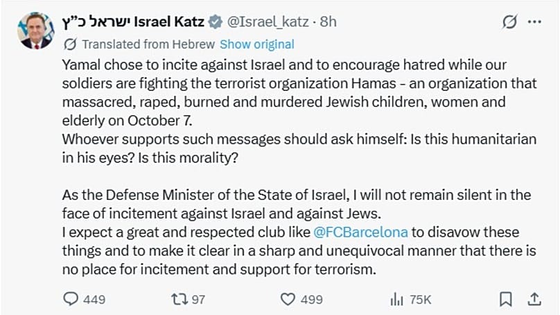 Captura de pantalla de una versión traducida del post de Israel Katz