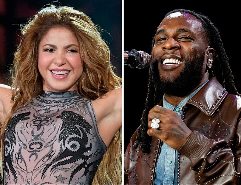 FILE: Shakira (left) at the Global Citizen Festival in New York, 2025; Burna Boy performs at England's Glastonbury Festival 30 June 2024. 