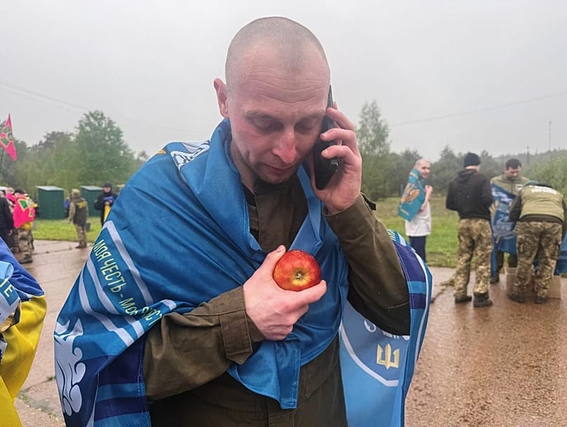 A Ukrainian soldier returning from captivity during a POW exchange between Russia and Ukraine at the border with Belarus, 16 May, 2026