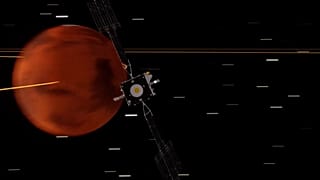 A screenshot of animation showing how spacecraft Psyche will approach the asteroid.