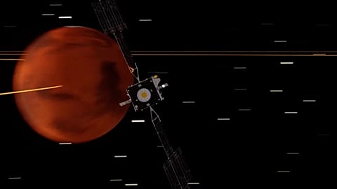A screenshot of animation showing how spacecraft Psyche will approach the asteroid.