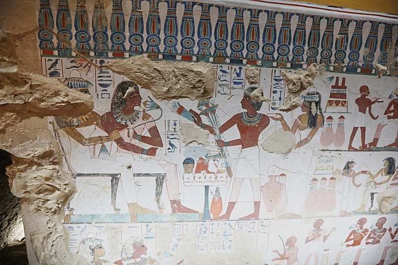 Colored artifacts are seen at the tomb of Samut, door keeper of Amun during the 18th Dynasty, in Luxor, Egypt, Thursday, May 14, 2026. 