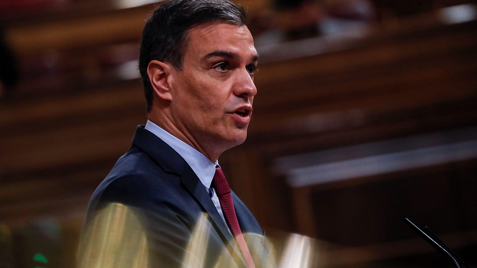 Spain's Prime Minister Pedro Sanchez speaks during a session at Parliament in Madrid, Spain, Wednesday June 30, 2021. 