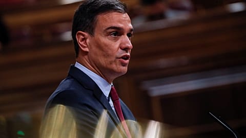 Spain's Prime Minister Pedro Sanchez speaks during a session at Parliament in Madrid, Spain, Wednesday June 30, 2021. 