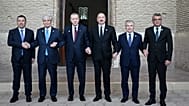 Presidents of Organisation of Turkic States members hold hands in front of mausoleum of Khoja Ahmed Yasawi, in Turkistan, Kazakhstan, 15 May 2026