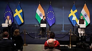 European Commission President Ursula von der Leyen, Sweden's Prime Minister Ulf Kristersson and India's Prime Minister Narendra Modi in Gothenburg, Sweden, Sunday May 17, 2026
