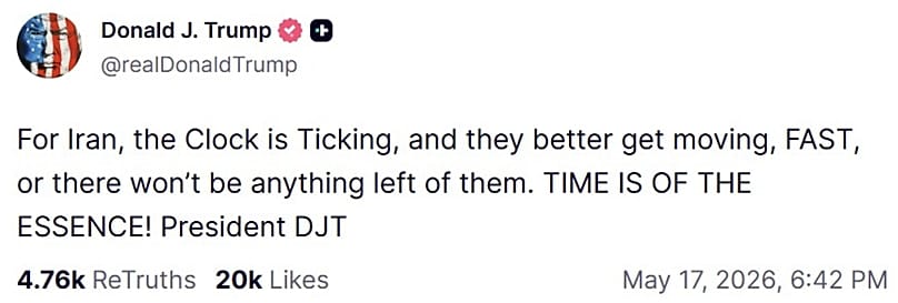 A screenshot of a post on US President Donald Trump's Truth Social account, 18 May, 2026