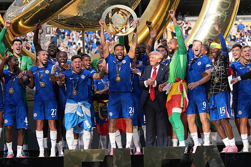 FILE - Chelsea's Reece James lifts the trophy following the FIFA Club World Cup final between Chelsea and PSG at MetLife Stadium in East Rutherford, NJ, Sunday, July 13, 2025