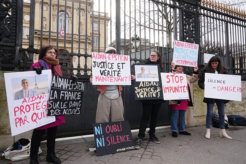People attend a protest in front of the French Ministry of Foreign Affairs after prosecutors opened two investigations into Epstein-related wrongdoing in Paris, 20 February, 2
