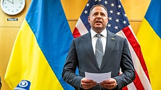 Head of the Office of the President of Ukraine Andriy Yermak talks to the press at the US Mission to International Organisations in Geneva, 23 November, 2025
