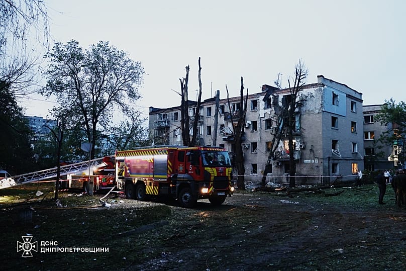 A residential building is seen damaged after a Russian strike on Dnipro, 18 May, 2026