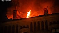 In this photo provided by the Ukrainian Emergency Services on Monday, May 18, 2026, a building is seen on fire after a Russian strike on Odesa, Ukraine.