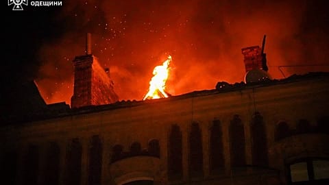 In this photo provided by the Ukrainian Emergency Services on Monday, May 18, 2026, a building is seen on fire after a Russian strike on Odesa, Ukraine.