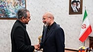 رئيس البرلمان الإيراني محمد باقر قاليباف يصافح وزير الداخلية الباكستاني محسن نقوي خلال لقائهما في طهران، إيران، الأحد 17 مايو/أيار 2026.