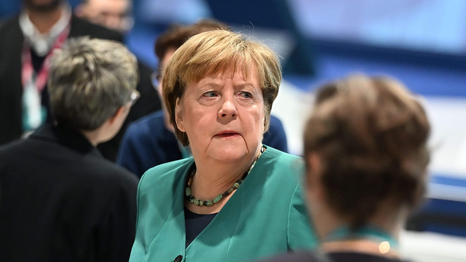 Angela Merkel, former Federal Chancellor, attends the CDU federal party conference in Stuttgart, Feb. 20, 2026. (Kay Nietfeld/dpa via AP)
